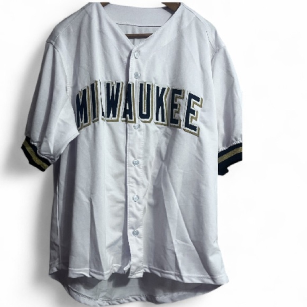 Christian Yelich Milwaukee White Reprint Laser Autograph Baseball Jersey Sz XL